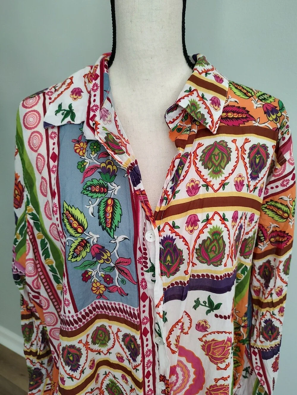 Calypso St. Barth Patchwork Style Festive Floral Red Button Down Shirt 2X